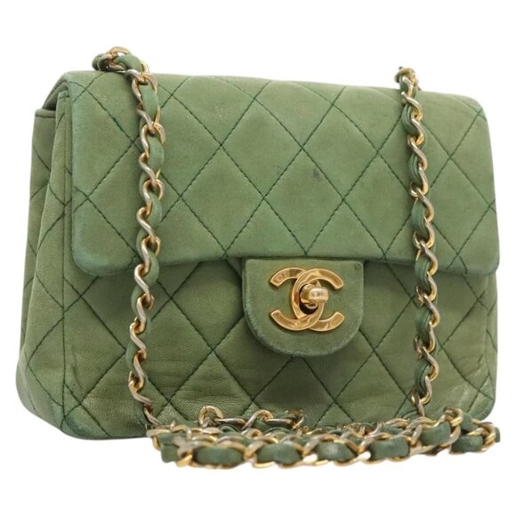 CHANEL Matelasse Chain Shoulder Bag Lamb Skin Green Gold CC - Picture 1 of 15